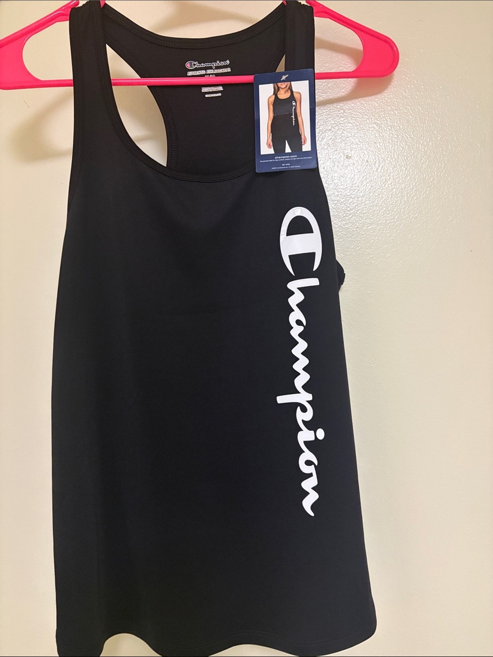 Champion Black Racerback Tank with Vertical White Script